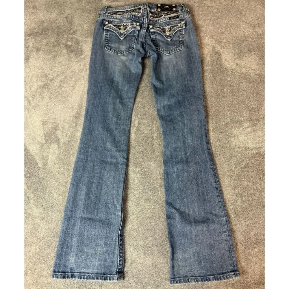 Miss Me Low Rise Bootcut Jeans Size 27 Blue Sequin Flap Pocket Stretch Denim